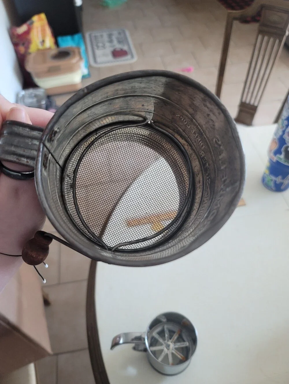 Vintage 1930s Jacob Bromwell Flour Sifter & Stainless Steel Squeeze Sifter Lot